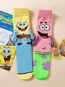 SpongeBob SquarePants 半双装可爱卡通联名磁性牵手海星图案中筒袜，透气吸湿，独特百搭，适合约会和日常穿着 - 彩色 - 查看 2