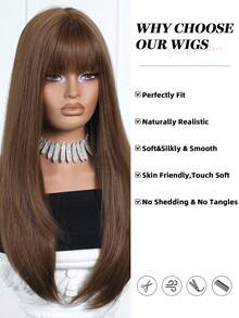 26 Inch Heat Resistant Synthetic Machine Wefted Bangs Wig, Elegant Style, Naturally Fluffy And Soft Heat Resistant Synthetic Full Machine Wefted Wig, Suitable For Daily Wear, Music Festivals, Parties, Cosplay, Also A Great Gift For Friends - Brown - View 3