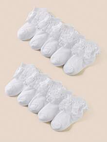 5 Pairs Girls' White Casual Ruffled Edge Mesh Socks, Fashionable Breathable Lace Trim Socks, Soft & Comfortable Princess Style Socks Suitable For Daily Wear, Parties, Back To School, Holidays, Dance Performances - White - View 2