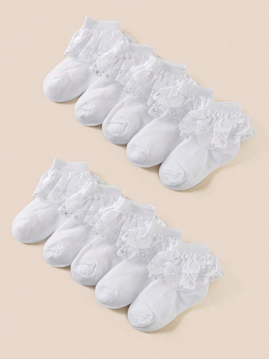 5双装女童白色休闲荷叶边网眼袜，时尚透气蕾丝边袜，柔软舒适公主风，适合日常穿着、派对、返校、假期、舞蹈表演等场合。 - 白色 - 查看 1