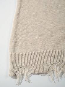 ANDREILEE Men's Spring/Summer New Unisex Korean Style Minimalist Solid Color Distressed Fringe Lightweight Semi-Sheer Loose Knit Short Sleeve Sweater, Apricot - Apricot - View 7