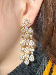 一对奢华镀金长款水滴流苏耳环，巴西风格婚礼耳环，立方氧化锆首饰配饰，适合订婚、婚礼、派对、舞会、伴娘礼物 - 1 pair earrings - 查看 4