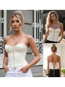 Women's Corset Tops Solid Color Hook And Eye Closure Front Bandeau Strapless Cropped Tops - Ivory - View 6