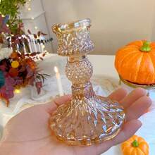 12 Pack Glass Candlestick Holder, 4" H Stripe/Dimond Crystal Candle Holders, Crystal Decorative Candle Stand, Clear/Amber Taper Candle Holders Bulk For Table Centerpiece Decor, Valentine's Day, Wedding, Dining Party, Gift - Amber Dimond - 查看 3