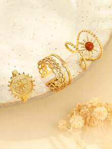 3件套不锈钢金色星星、月亮、太阳及棕色点缀可调节戒指套装，适合女性日常佩戴或作为礼物 - 金黃色 - 查看 2