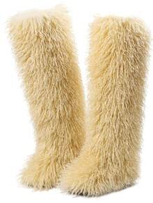 Women's Winter Furry Snow Boots Fuzzy Fluffy Round Toe Suede Booties Flat Heel Slip On Outdoor Indoor Shoes Fashion Warm Fluffy Shoes - 黃色長管 - 查看 8