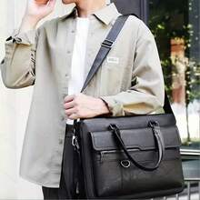 Men's Cross-Body Bag - Business Horizontal Style Laptop Bag, Large Capacity Briefcase, Multi-Functional Handbag - 淺棕色 - 查看 6