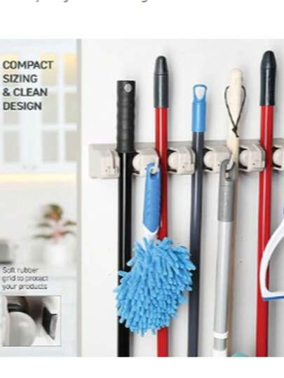 Home- It Mop and Broom Holder, 5 Position with 6 Hooks Garage Storage Holds up to 11 Tools, Storage Solutions for Broom Holders, Garage Storage Systems Broom Organizer for Garage Shelving Ideas