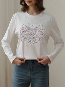 1件装女士休闲宽松蝴蝶爱心印花T恤，学院风圆领上衣，2026春季新款 - 白色 - 查看 4