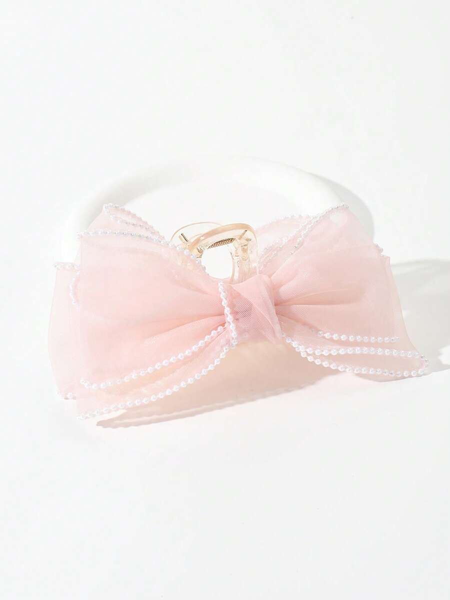 1个女士优雅双层超大网纱珍珠蝴蝶结发夹，适合优雅、甜美的日常、校园、派对、舞会和日常佩戴，时尚发爪，女士发饰，休闲爪夹，优雅发夹 - 粉色 - 查看 1