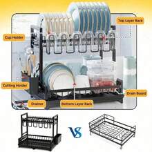 1 Set Black Dish Drying Rack, Large Stainless Steel Dish Rack With Drip Tray, Cup Holder And Cutlery Holder - 2-Tier Dish Rack For Countertop, Saves Dishwasher, Kitchen And Sink Solution, Apartment Essential, Kitchen Organizer With Cutlery Holder - Multicolor - View 8