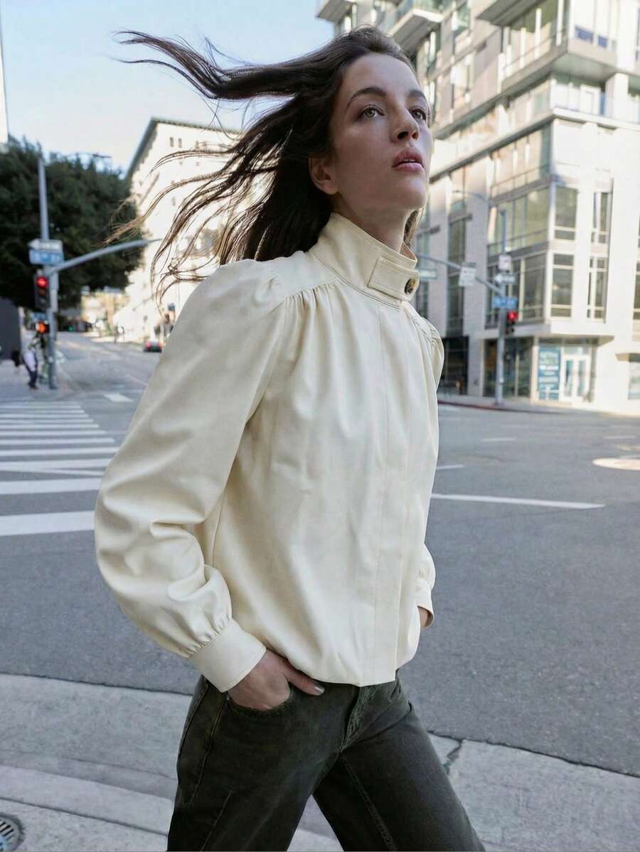 Solid High Neck Jacket With Puff Sleeves, Elegant Gathered Shoulder Bomber Coat, Chic Balloon Sleeve Spring Outerwear - Beige - View 1