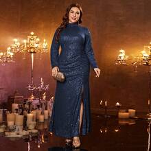 XUIBOL 大码亮片高领舒适连衣裙,适合不同身材穿着,圆领长袖修身鱼尾下摆独特设计,纯色优雅奢华长裙,适合各种派对、毕业典礼、婚礼、活动、宴会和舞会,女士正式舞会礼服、舞会礼服、母亲伴娘礼服(2025时尚款),黑色晚宴婚礼宾客礼服、晚宴礼服 - 藏蓝色 - 查看 8