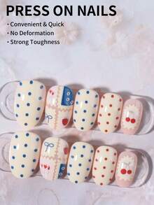 24片椭圆形波点、花朵和蝴蝶结装饰亚克力美甲贴片，短款，包含1片果冻胶和1把指甲锉。这款波点短款美甲贴片能让您的指尖闪耀动人，适合派对、跳舞和日常佩戴。美甲用品 - 彩色 - 查看 2