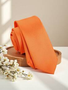 1pc Men's Fashion Solid Olive Green Striped Necktie, Versatile - Coral Orange - View 1