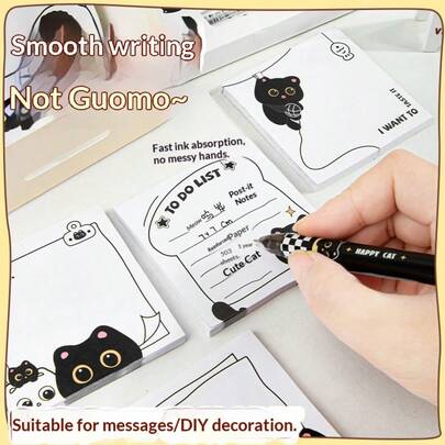 Memo Won't Get Lost! Cute Cat Carbon Bookmark Sticky Notes, High Adhesive Reusable N Times, Student Book Marker Office File Organizer, Super Adorable Black Memo Pad (Random Pattern)
