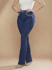 pthirillo Women's Dark Blue Flare Jeans With Butt-Lifting, High Waist, And Rhinestone Detail - Premium Rhinestone Jeans - Rhinestones Around the Pocket - View 10