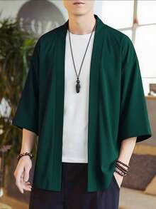 男士休闲和服式开襟衬衫，100% 涤纶，宽松休闲版型 | 飘逸面料 - 墨綠色 - 查看 10