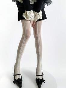 1Pair Ins Style Spring/Summer Hollow Out Vertical Striped Women's Lace Fishnet Stockings Pantyhose Japanese Pure Desire White Stockings Sexy Sweet Girly Style Stockings Base Pantyhose Lolita Pantyhose - White - View 3