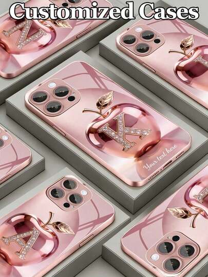 1pc Customizable 26 Letters & Name Design With Fashionable Pink Metallic Apple Pattern Tempered Glass Material Phone Case, Compatible With IPhone17 ProMax/17Air/16 ProMax/15 Pro/14 Plus/13 Pro/12 Pro Max/11/Xs Max/8/7/6 Plus, S24 Ultra/S25 Ultra/A12, High-End Business Customization, Best Gift For Boyfriend, Girlfriend And Family ,Travel Organizer