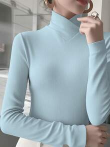 女士纯色针织交叉领打底衫，办公室穿着春季新款休闲款 - 淺藍色 - 查看 4