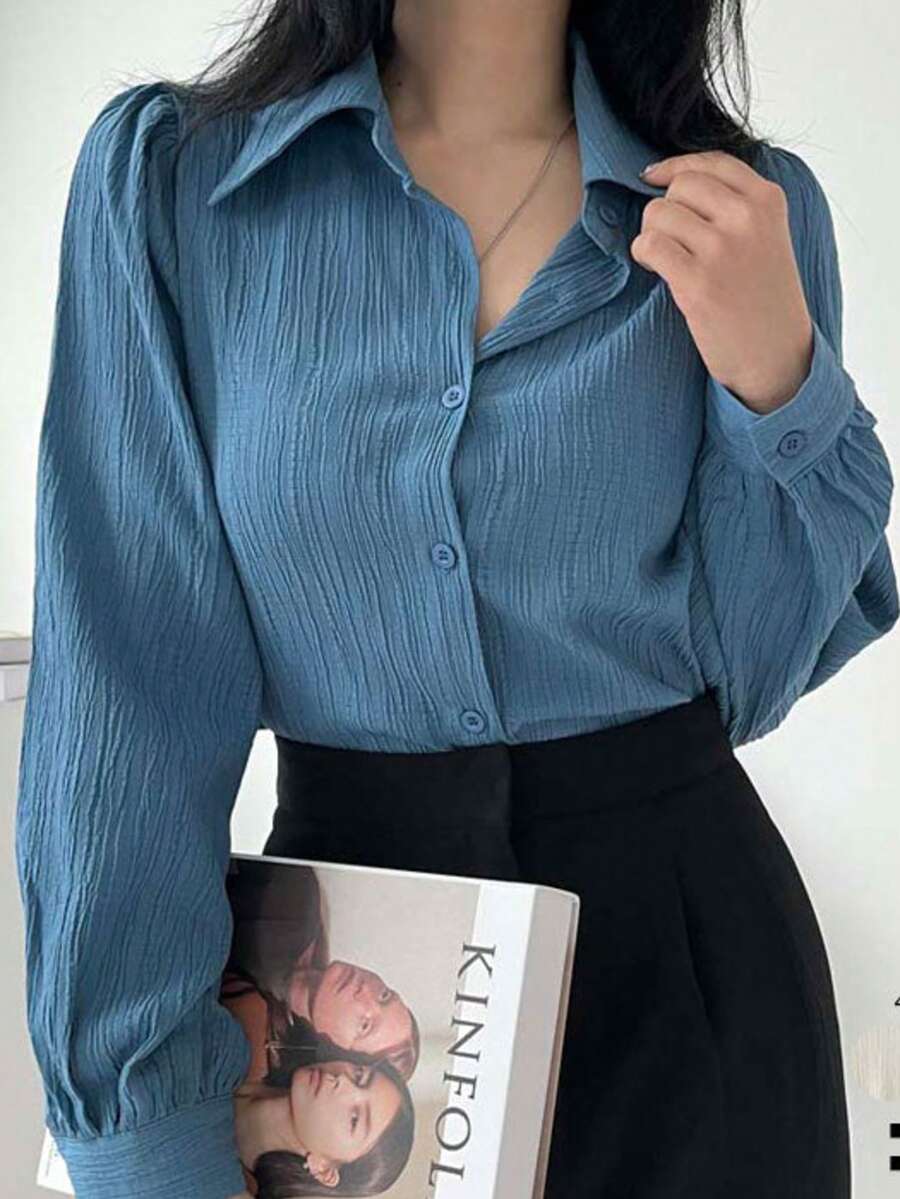 Women's Casual Blue Pleated Button-Up Shirt - Classic Collar Long Sleeve Top With Structured Shoulder Design, Solid Color Versatile Style, Suitable For Office And Casual Occasions, All Season Wear, Fabric, Front Button Closure, Textured Solid Color Spring