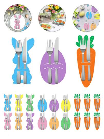 6 Piezas Juego de Decoración de Mesa para Fiesta de Pascua, Bolsa de Almacenamiento de Cuchillo y Tenedor con Forma de Conejo / Huevo de Pascua / Zanahoria, Decoración de Mesa de Papel para Fiesta de Pascua, Diseño Multicolor Lindo de Conejo / Huevo de Pascua / Zanahoria en Tres Formas, Diseño de Almacenamiento de Cuchillo y Tenedor, Tipo de Juego de Vajilla, Función de Decoración de Mesa