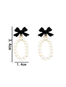 1对优雅黑色蝴蝶结珍珠耳环（女士款） - 黑與白 - 查看 6