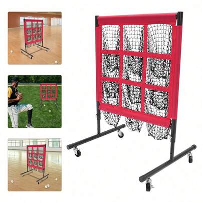 Muti-Functional Small Ball Game Net Modern Style Red Training Net With Stand Height Adjustable Baseball Practice Square Net With Support Stand & Casters Free Standing Golf Training Mesh