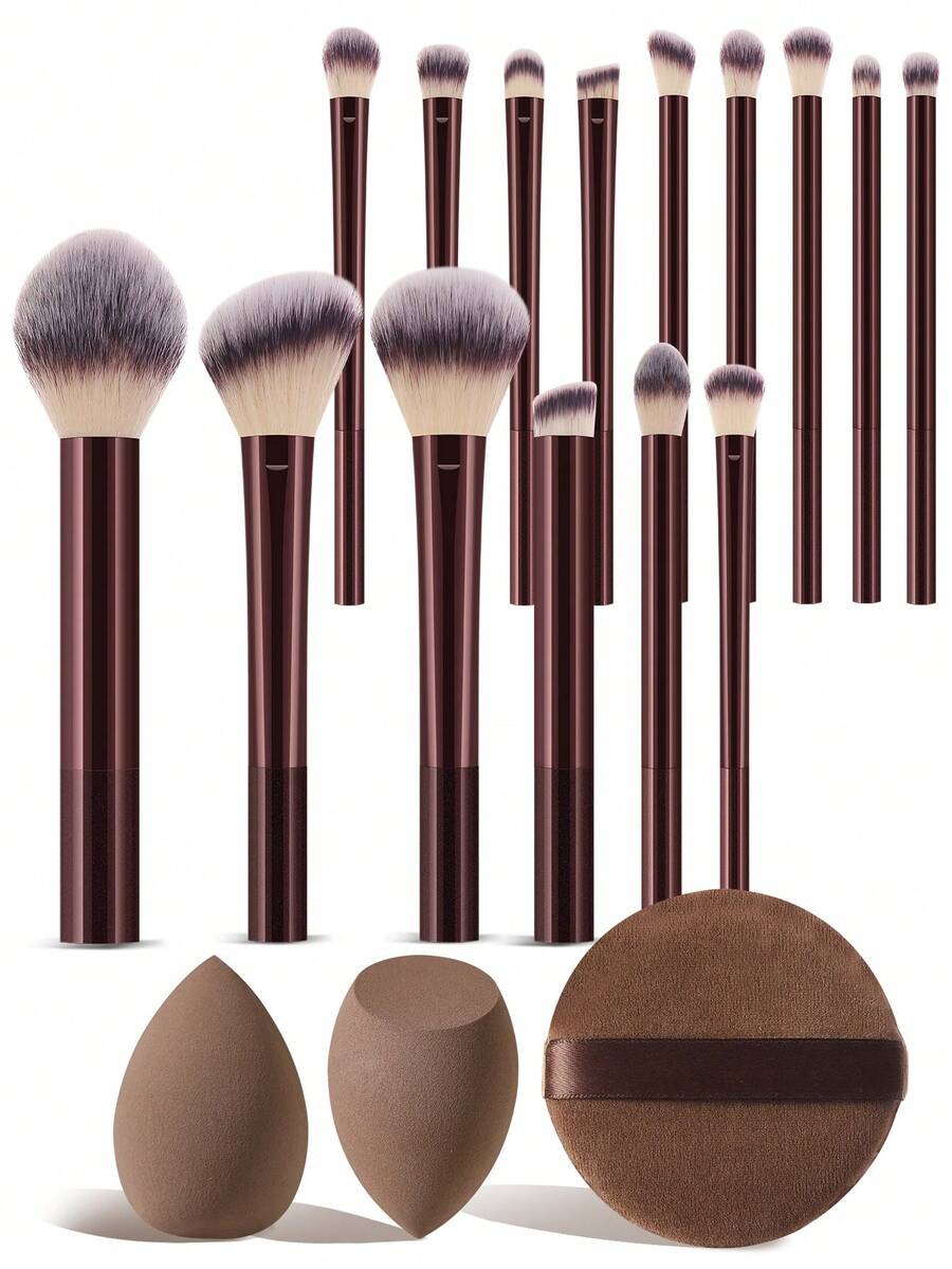 18PCS Makeup Tools Set Including:15PCS Makeup Brush Set+2PCS Makeup Sponges+1pc Circular Powder Puffs - Multicolor - View 1