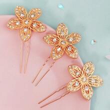3pcs Elegant Floral Hair Clips, Alloy Rhinestone Exaggerated Hair Accessories For Wedding Bride Hairstyle - Three-pack - View 9