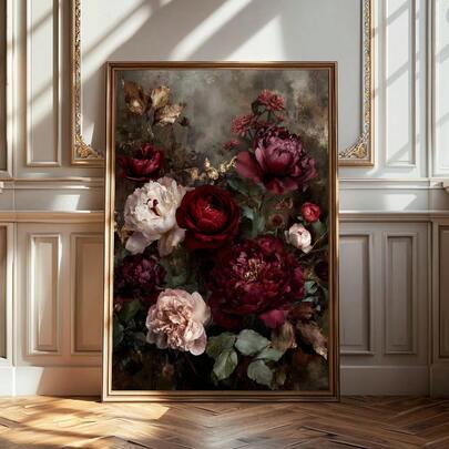 1pc Framed/Unframed Moody Dark Botanical Floral Canvas Poster Gothic Vintage Peony Flower Wall Art Print Still Life Art Retro Painting For Apartment,Living Room,Bedroom,Modern Home Decoration
