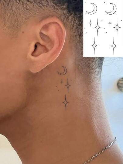 1 pieza Tatuaje temporal de hierbas que dura de 7 a 14 días, diseño minimalista de estrella y luna de estilo gótico para hombres, pegatina de tatuaje temporal impermeable, de moda para la gente