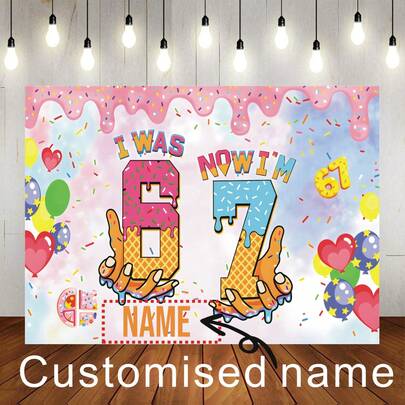 Customizable Name Dessert 6-7 Years Transition Birthday Theme Backdrop Banner Pink-To-Blue Gradient Background With Icing Sprinkles And Waffle Heart Decorations Perfect For Birthday Parties, Birthday Gifts, Themed Gatherings, Backdrop Decorations, Photography Banners, Vinyl
