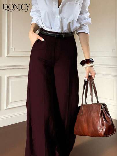 DONICY Women's High Waist Pockets Straight Leg Pants, Burgundy Solid Color, Fashionable Vintage Elegant Minimalist Versatile Suit Pants, Suitable For Daily Casual, Office Commute, Valentine's Day Date, Carnival, Exhibition And Other Occasions