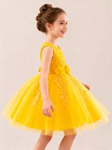 Robe mi-longue blanche élégante pour fille, en dentelle brodée, sans manches. Convient pour demoiselle d'honneur, mariage, fête, anniversaire, danse classique - Jaune citron - Voir 4