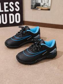 1 Pair Kids' Sports Shoes, Blue & Black Color Block, Lace-Up, Round Toe, All Season Soccer Shoes, Suitable For School Sports And Daily Wear - Blue - View 2