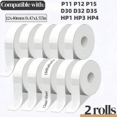 12x40mm Papel térmico para etiquetas, 2 rollos compatibles con impresoras de etiquetas P11 P12 P15 D30 D32 D35 HP1 HP3 HP4, 160 etiquetas/rollo
