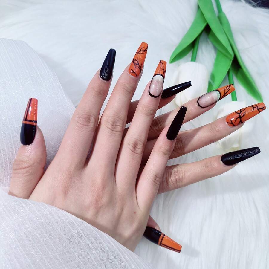 Orange & Black 2026 New Handmade Press On Nails, Halloween Cracked Design, Removable Reusable Fashionable Unique False Nails For Women - Orange and Black - View 1