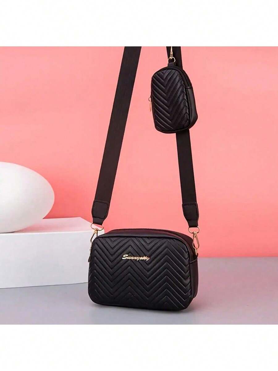 1pc Girls Mini Wave Pattern Embossed Letter Pouch, Phone Wallet Coin Purse - Black - View 1