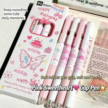 4pcsLan Dieyu Cap Cap Pen High Appearance Value Push-To-Write Gel Pen Student Exam Quick-Dry 0.5 Black Practice Pen Essential For School Term Start Back-To-School Gift - Black - View 1