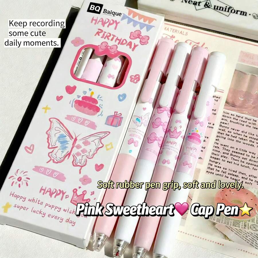 4pcsLan Dieyu Cap Cap Pen High Appearance Value Push-To-Write Gel Pen Student Exam Quick-Dry 0.5 Black Practice Pen Essential For School Term Start Back-To-School Gift - Black - View 1