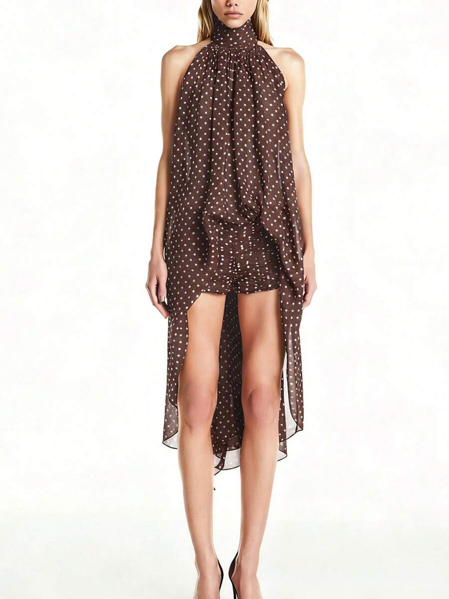 Women Ruffle Tank Tops Sleeveless Backless Ruched High Neck Polka Dots Pring Shirt Mesh Top For Party Going Out - Coffee Brown - View 1