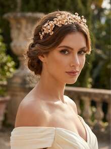 1pc Elegant Romantic Floral Design Bridal Crown Headpiece, Wedding Ceremony, Birthday Party, Festival Accessory - Gold - View 9