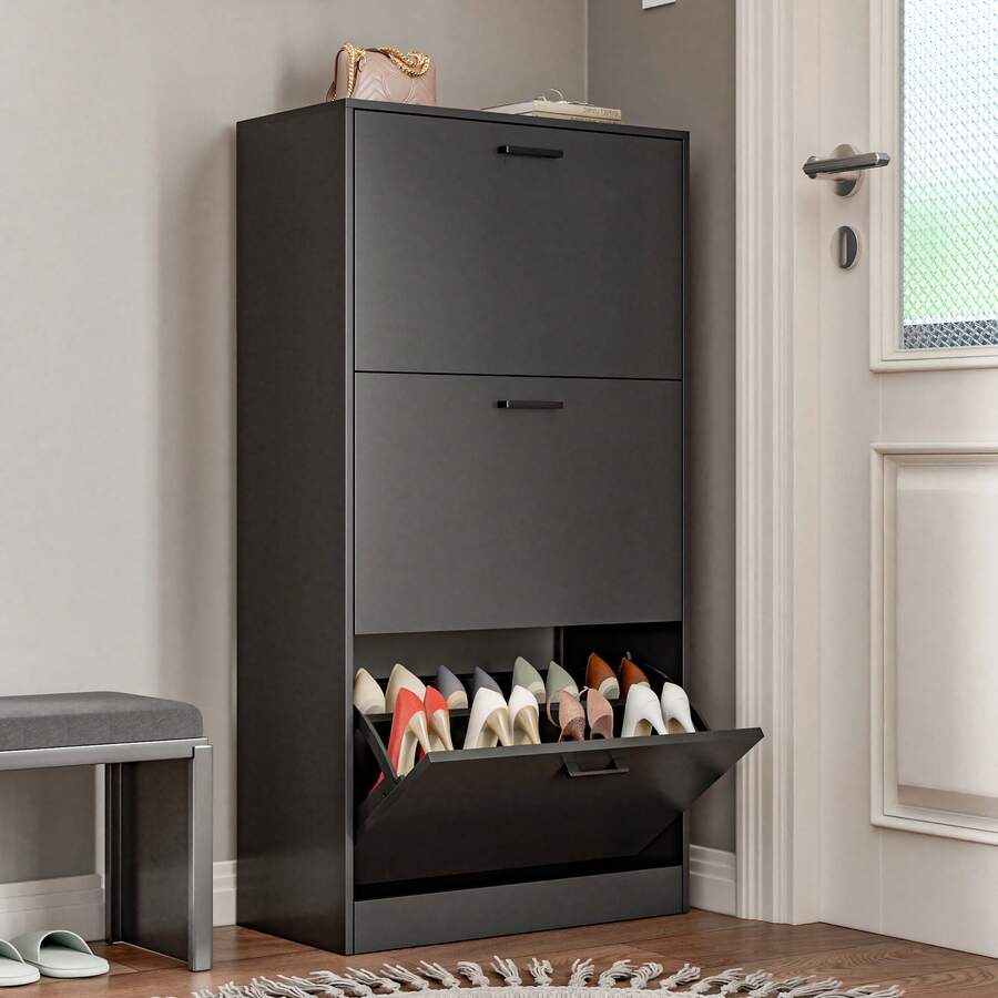 Shoe Cabinet With 3 Flip Drawers, Modern Narrow Freestanding Shoe Organizer With Large Capacity For Entryway,Hallway, Living Room,Black - màu đen - Xem 1