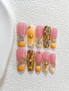10pcs/Set Cute & Stylish Girl Style Nail Art Kit, Includes Acrylic Nail Stickers, Gold Hollow Pentagram Pendant, Diamond Studded Cross, Sun, Star, Rose Nail Decorations, Orange-Yellow Tone Nail Art, White Nail Polish, Ideal Gift For Women & Girls Nails - 彩色 - 查看 11