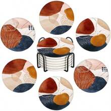 Juego de 6 posavasos de cerámica redondos absorbentes con soporte de metal y base de corcho posavasos para mesa de centro cocina oficina computadora decoración del hogar o regalos para inauguración-B006 - Arte bohemio abstracto moderno café azul dorado - Ver 7