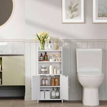 Bathroom Cabinet With 2 Doors, Small Freestanding Storage Cabinet With Adjustable Shelf, Slim Bathroom Organizers, Floor Cabinet Small Spaces, Bathroom, 9 Inch Dx 14. Inchx 32 Inch H, White - 白色 - 查看 3