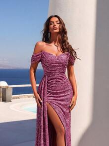 ADYCE Off-The-Shoulder Slit High Thigh Ruffle Sequin Cocktail Party Dress, With Long Ribbon, Elegant Formal Evening Gown For Wedding Guest, Suitable For Graduation Ceremony, Gala Dinner And Other Occasions Spring - 藕粉色 - 查看 5