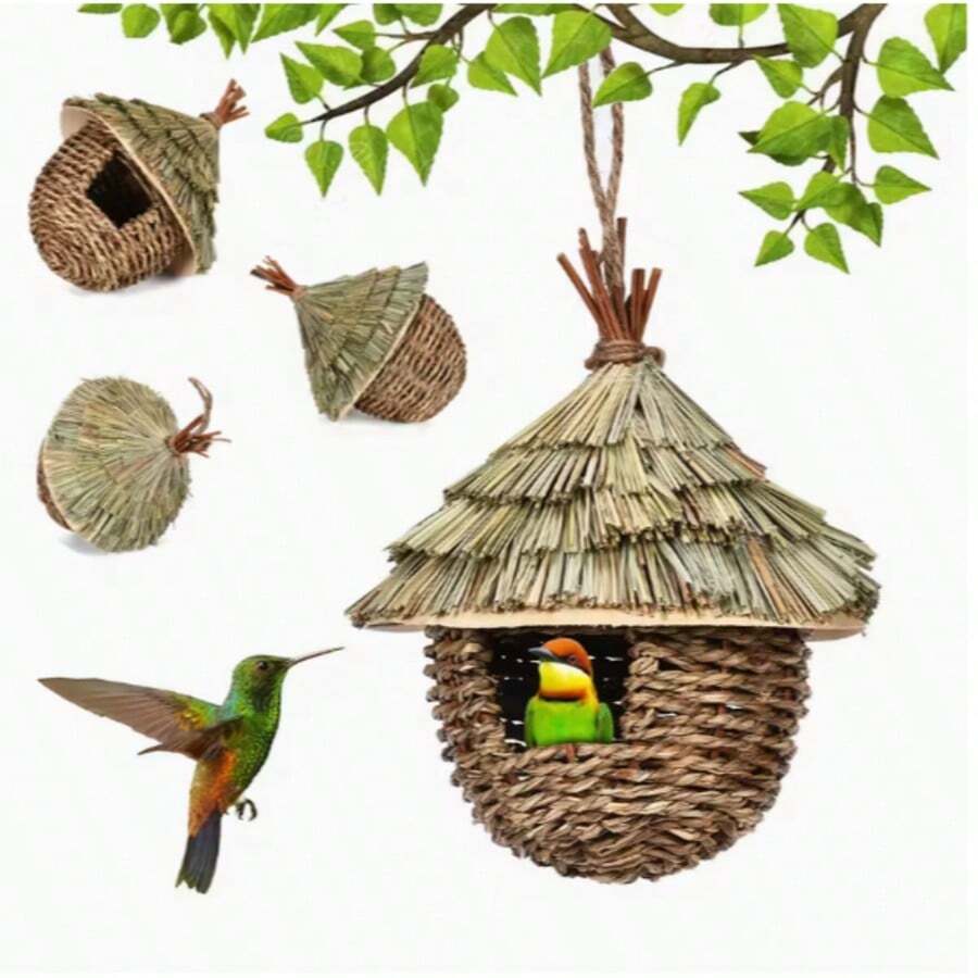 手工编织稻草鸟屋 - 质朴天然纤维巢箱，稻草屋顶，室内/室外鸟笼，适用于花园、阳台 - 彩色 - 查看 1